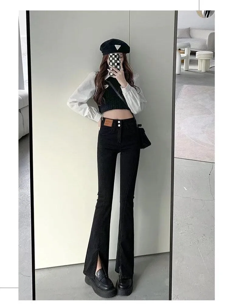 deanwangkt Split Jeans Women's Spring And Autumn New High-waisted Slim Fit Slim Wide-legged Micro-trumpet Mopping Pants Trendy Ins