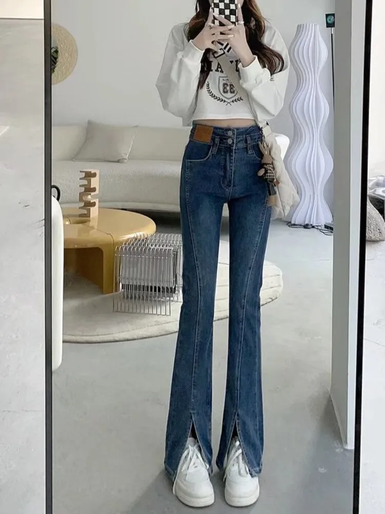 deanwangkt Split Jeans Women's Spring And Autumn New High-waisted Slim Fit Slim Wide-legged Micro-trumpet Mopping Pants Trendy Ins