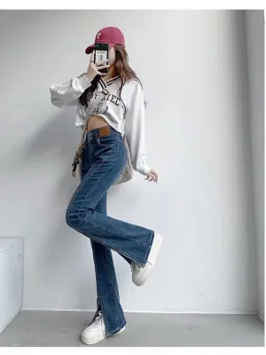deanwangkt Split Jeans Women's Spring And Autumn New High-waisted Slim Fit Slim Wide-legged Micro-trumpet Mopping Pants Trendy Ins