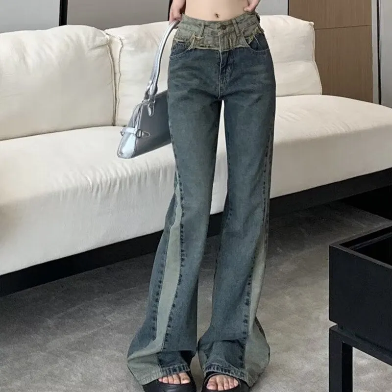 deanwangkt Summer New Splice Slim Raglan Jeans Women Spice Girls High Waist Design Sense Small Public Show Thin Flare Pants