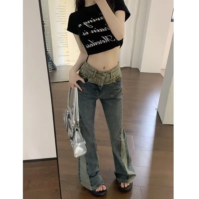 deanwangkt Summer New Splice Slim Raglan Jeans Women Spice Girls High Waist Design Sense Small Public Show Thin Flare Pants