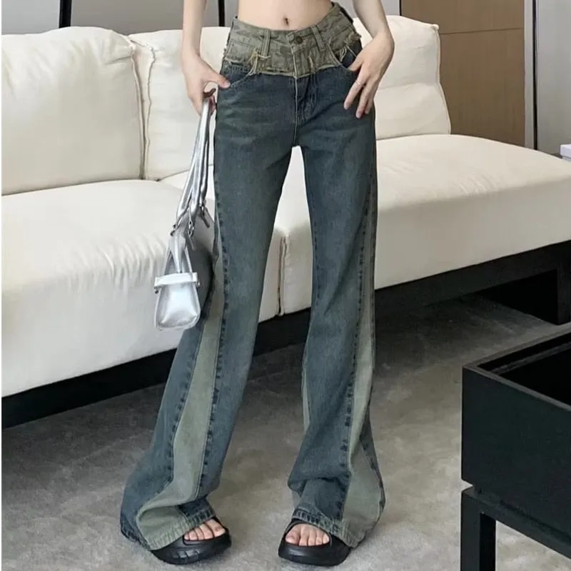 deanwangkt Summer New Splice Slim Raglan Jeans Women Spice Girls High Waist Design Sense Small Public Show Thin Flare Pants