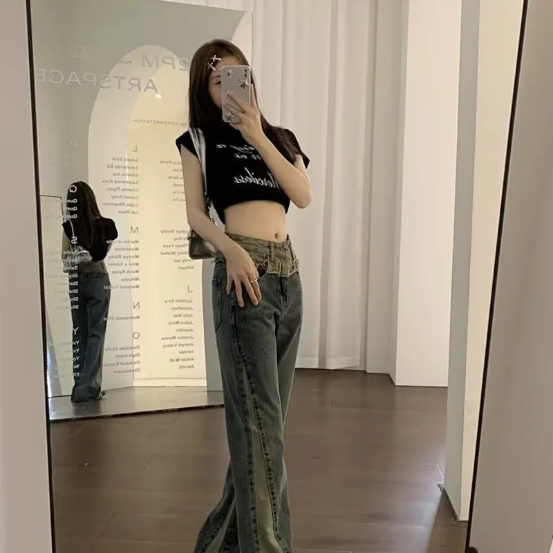deanwangkt Summer New Splice Slim Raglan Jeans Women Spice Girls High Waist Design Sense Small Public Show Thin Flare Pants