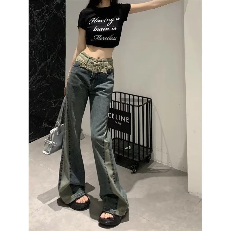deanwangkt Summer New Splice Slim Raglan Jeans Women Spice Girls High Waist Design Sense Small Public Show Thin Flare Pants