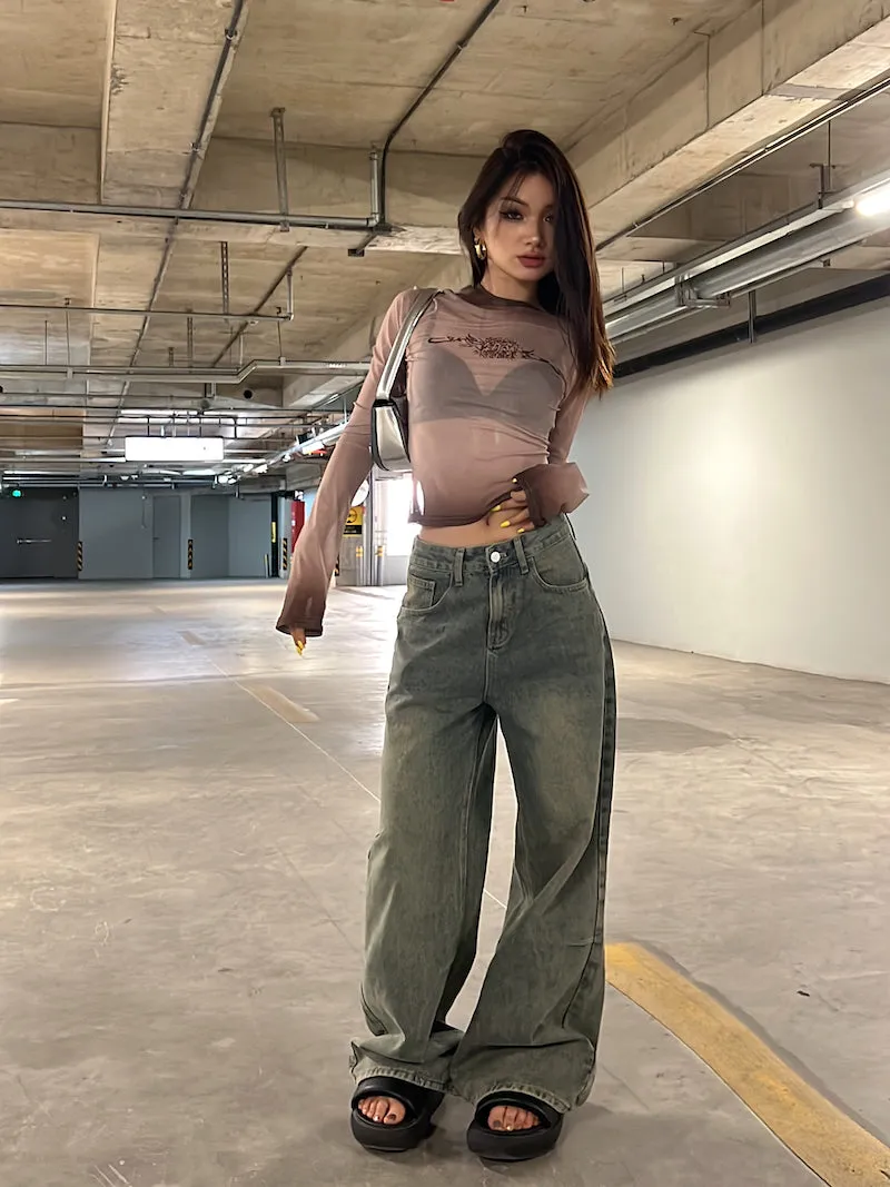 Dion Vintage Denim Washed High Waist Straight Leg Jeans Pants