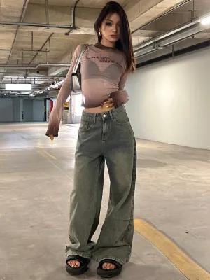 Dion Vintage Denim Washed High Waist Straight Leg Jeans Pants