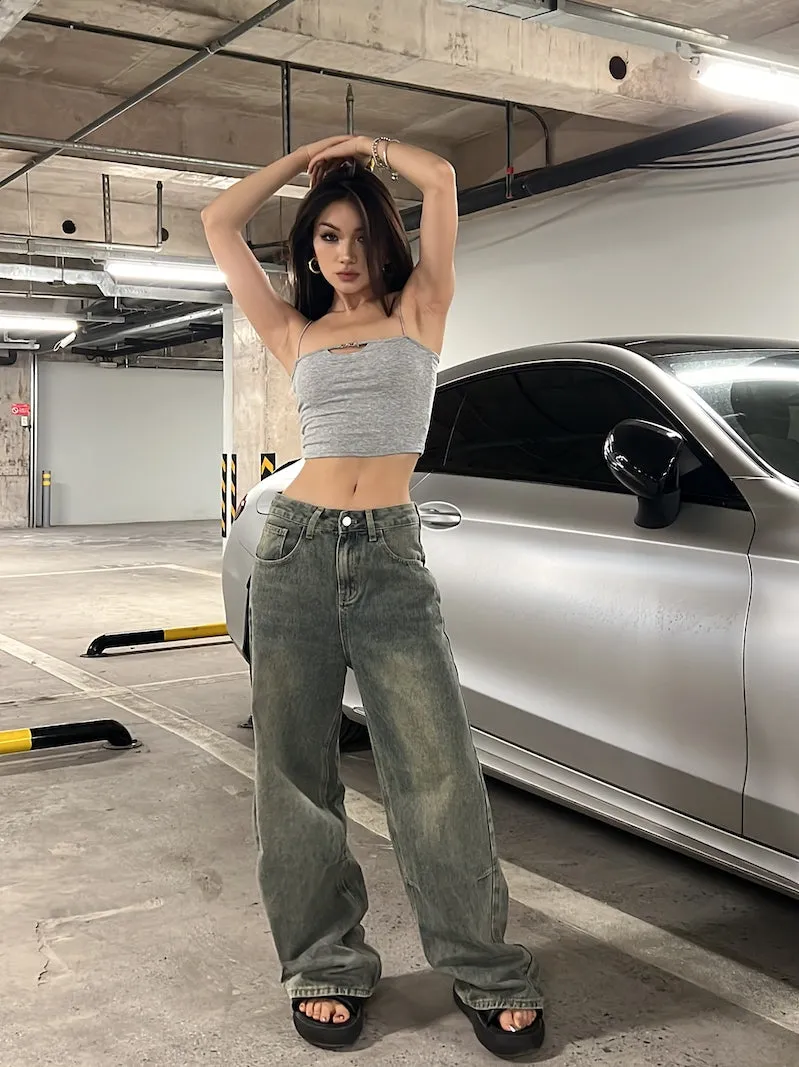Dion Vintage Denim Washed High Waist Straight Leg Jeans Pants