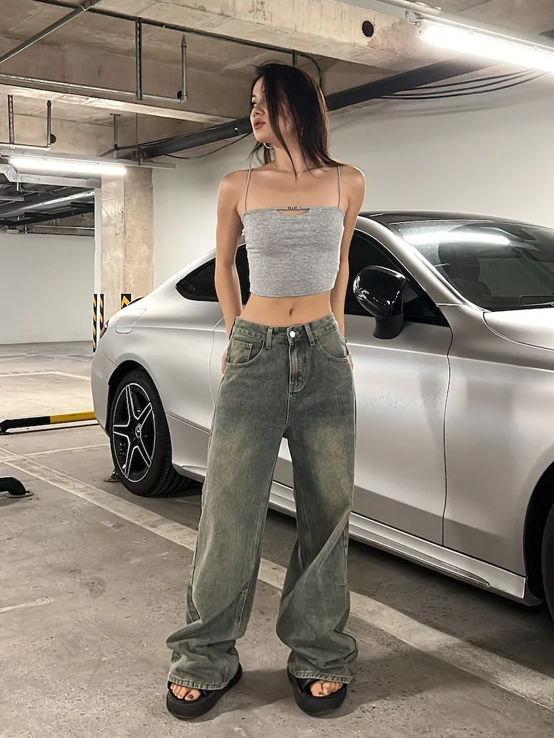 Dion Vintage Denim Washed High Waist Straight Leg Jeans Pants