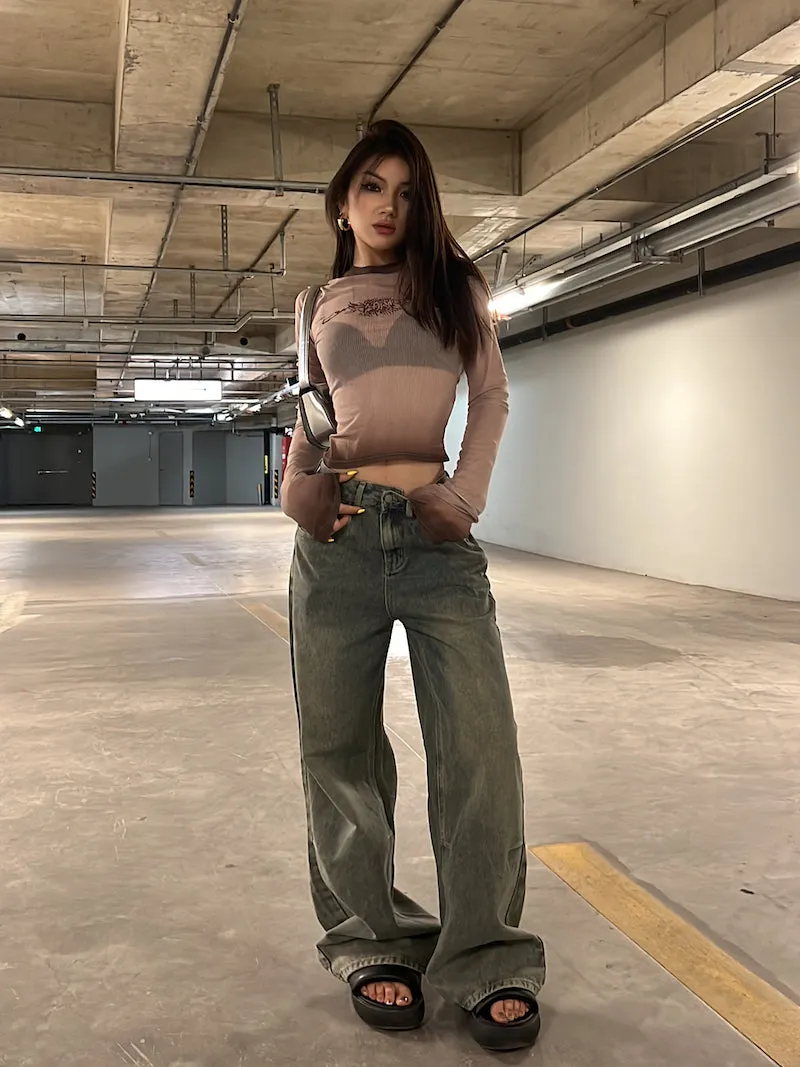 Dion Vintage Denim Washed High Waist Straight Leg Jeans Pants