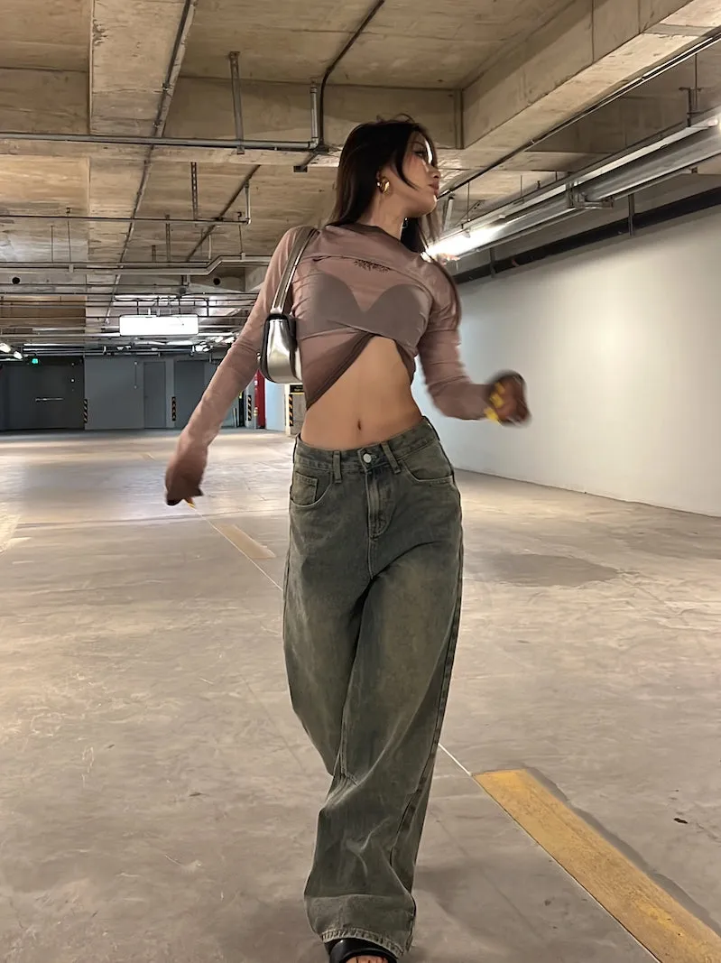 Dion Vintage Denim Washed High Waist Straight Leg Jeans Pants