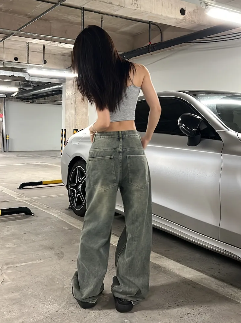 Dion Vintage Denim Washed High Waist Straight Leg Jeans Pants