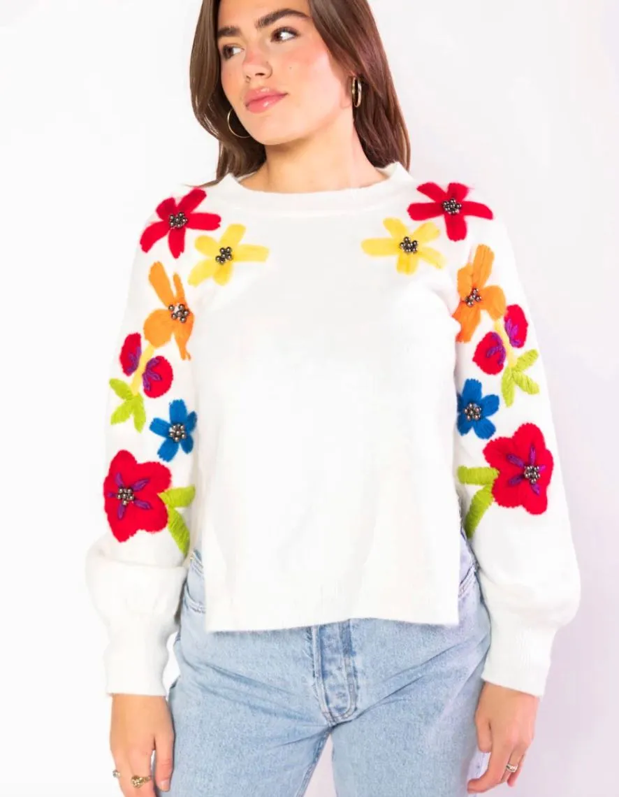 Embroidered Floral Cream Sweater