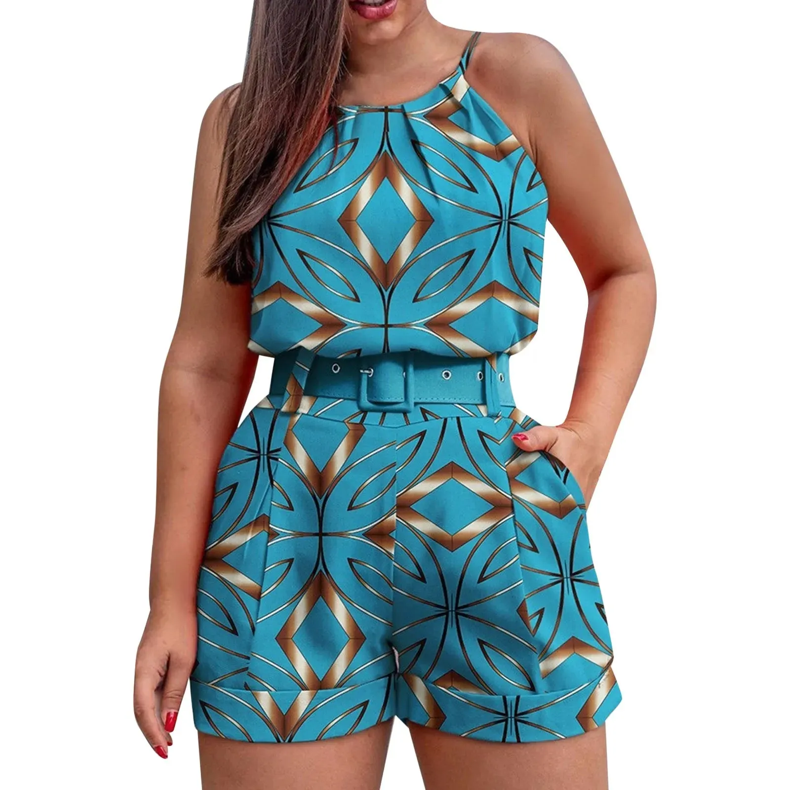 Fashion Printed Women 2-Piece Set With Belt Daily Sleeveless Top & Shorts Set Casual Summer High Waist Two Piece Outfits
