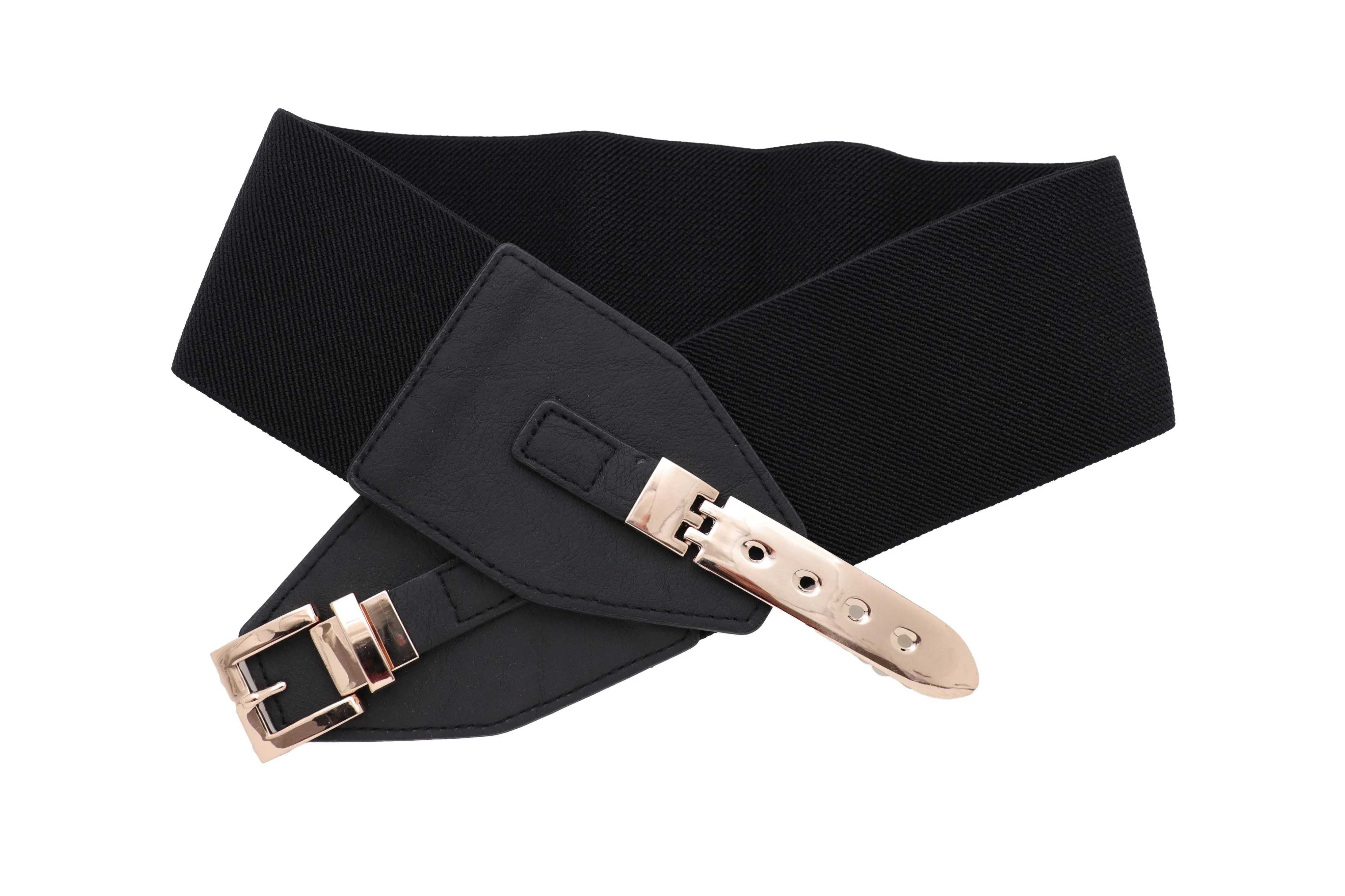 Faux Leather Wide Black Elastic Belt Bling Gold Metal Buckle Size S M