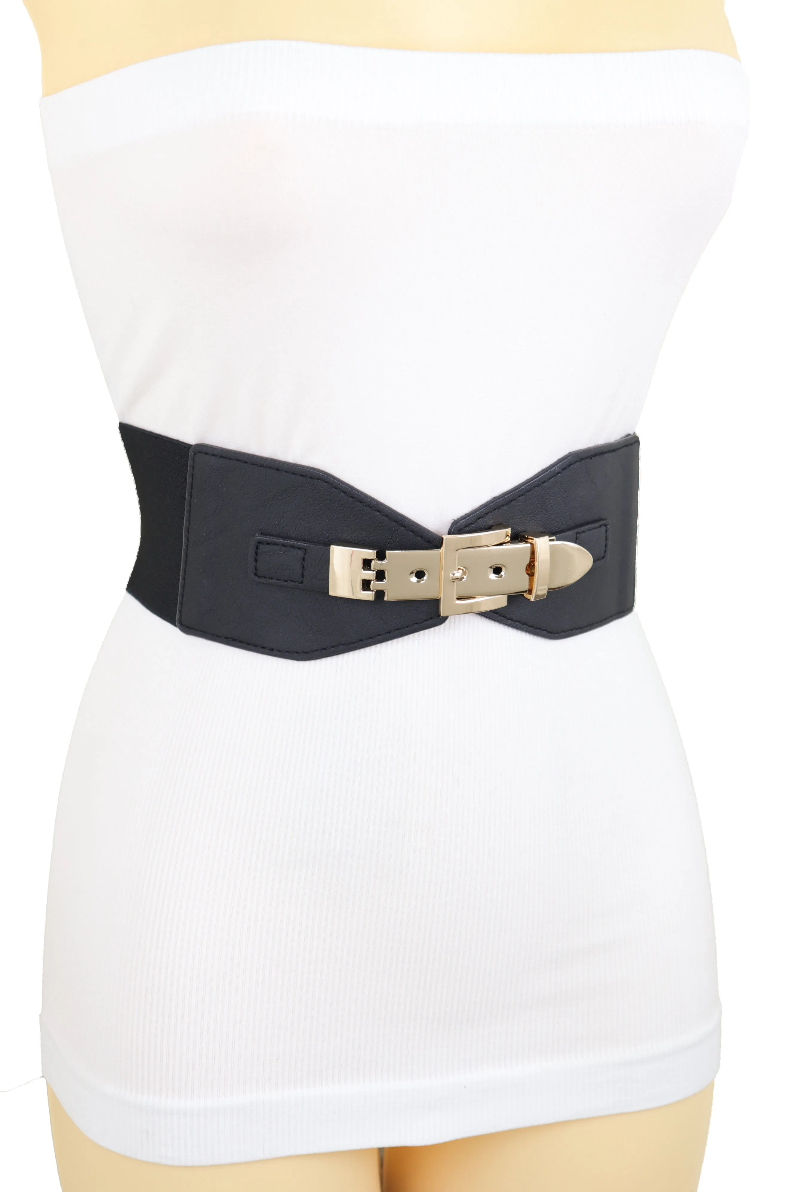 Faux Leather Wide Black Elastic Belt Bling Gold Metal Buckle Size S M