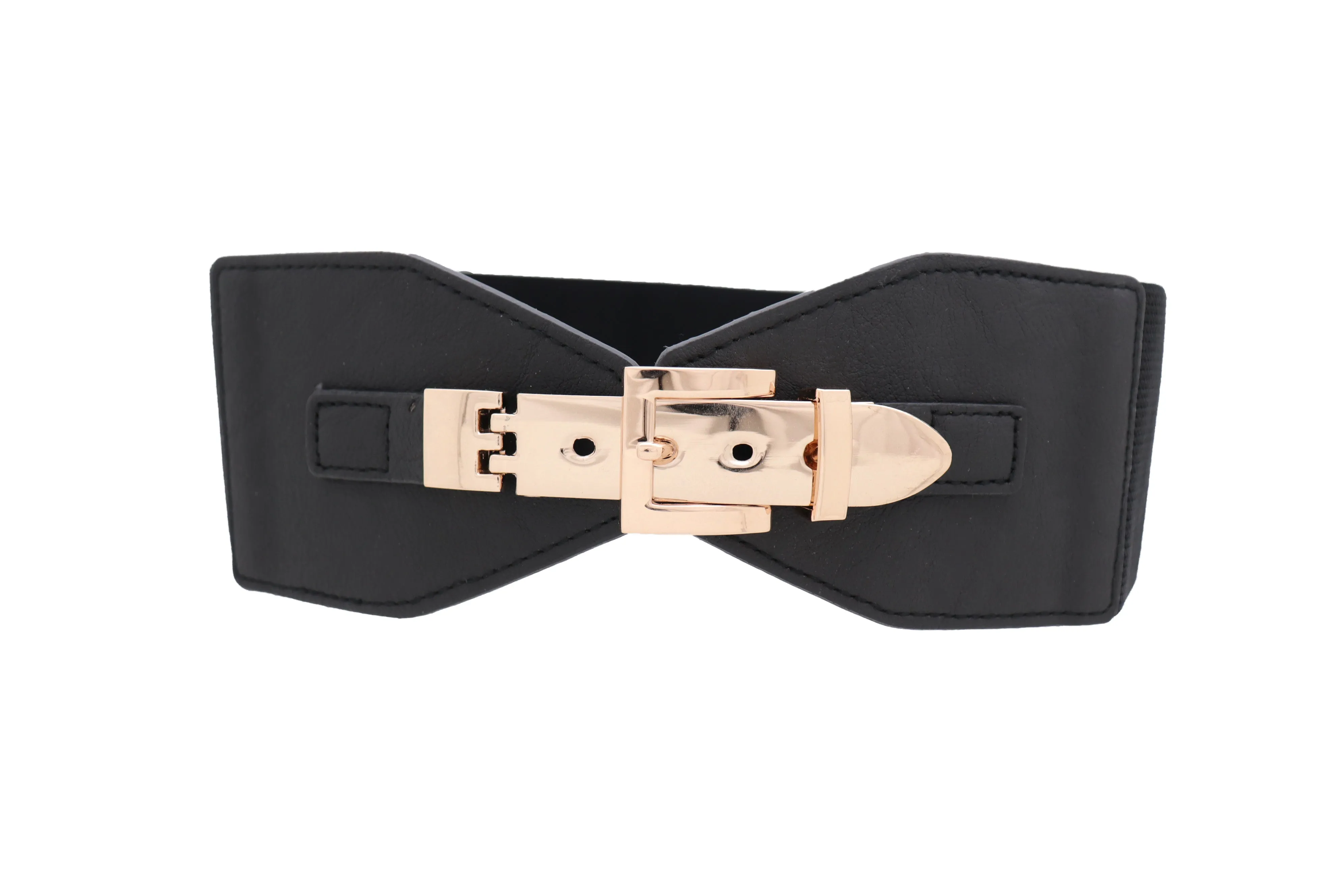Faux Leather Wide Black Elastic Belt Bling Gold Metal Buckle Size S M