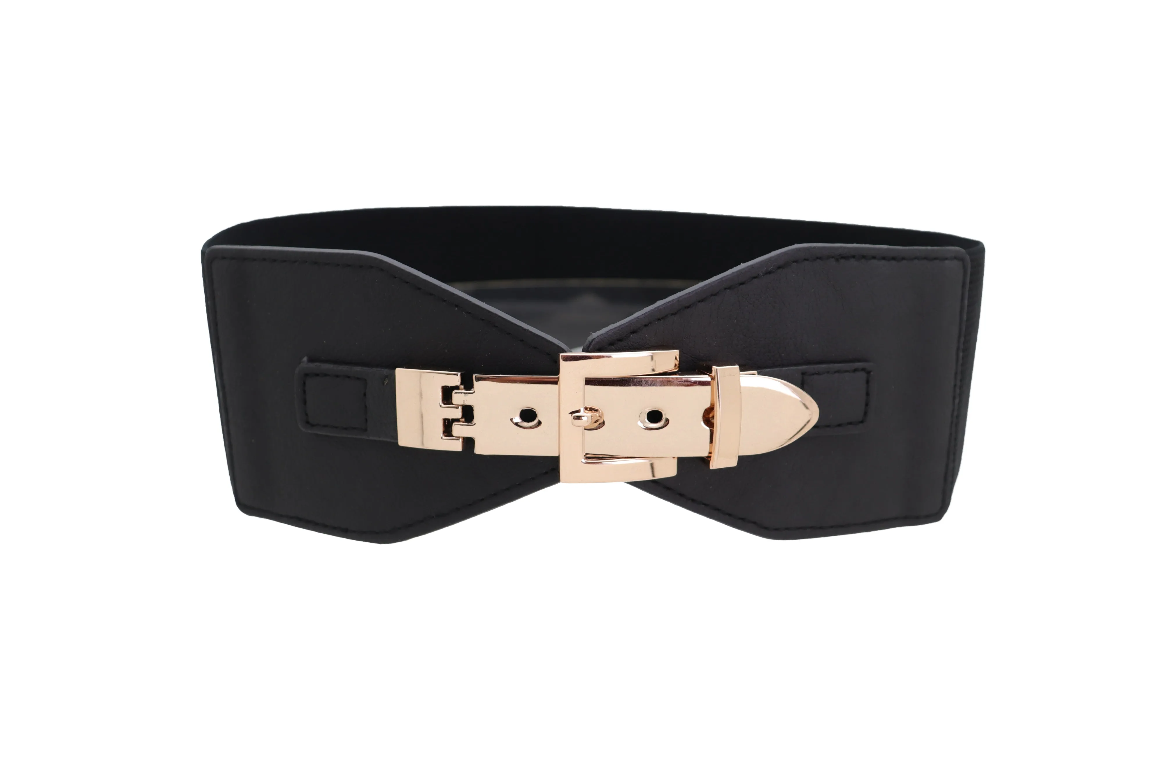 Faux Leather Wide Black Elastic Belt Bling Gold Metal Buckle Size S M