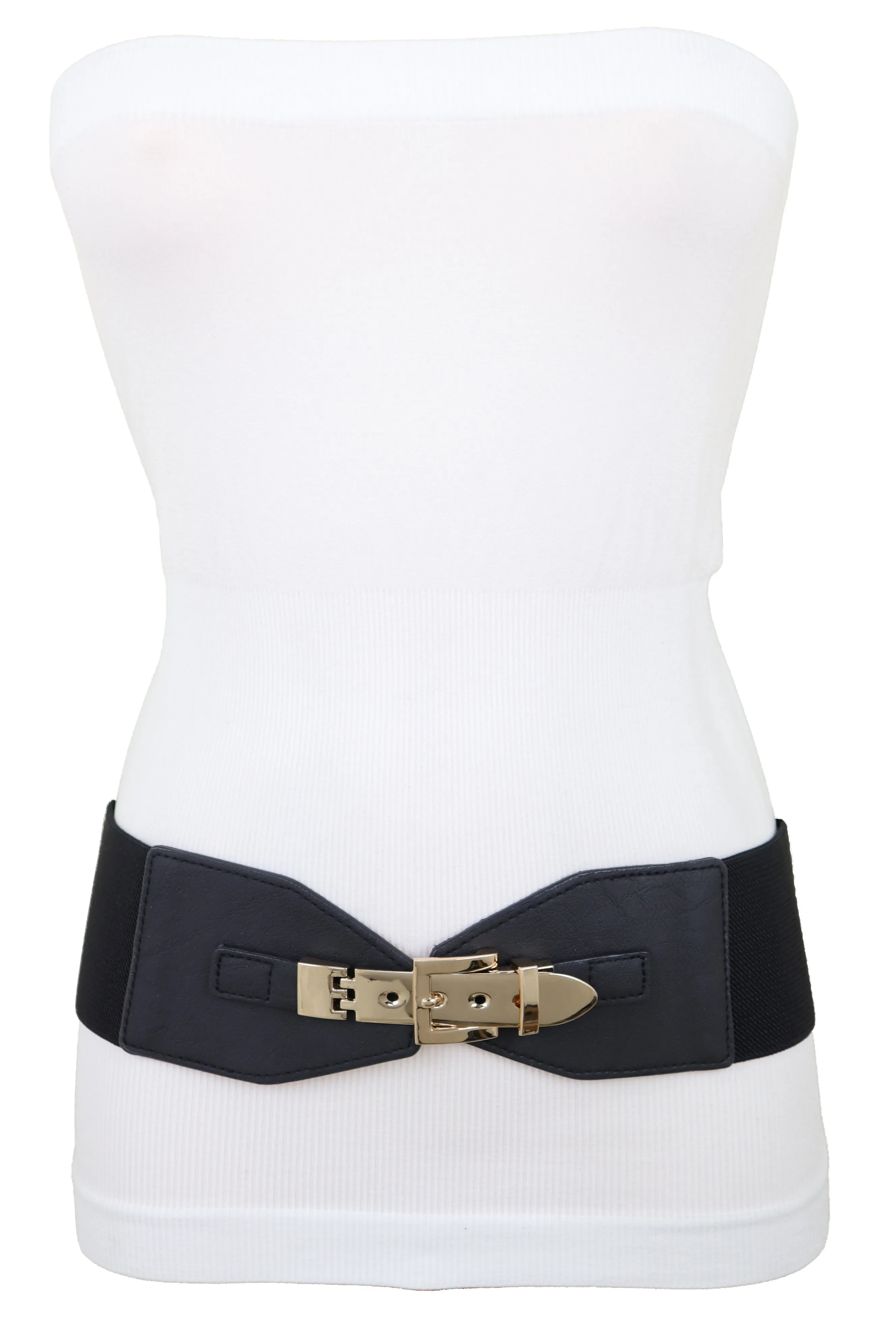 Faux Leather Wide Black Elastic Belt Bling Gold Metal Buckle Size S M