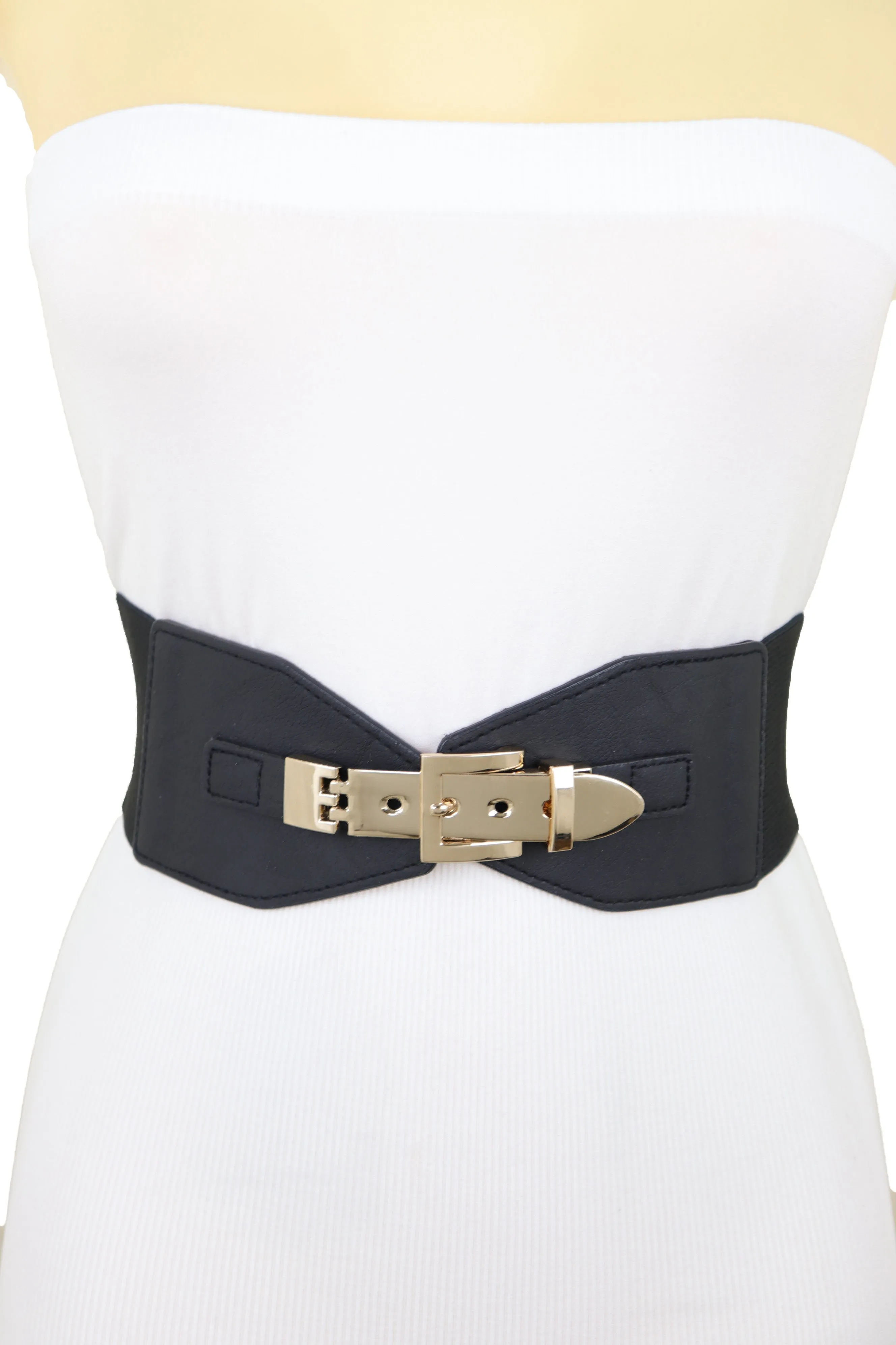 Faux Leather Wide Black Elastic Belt Bling Gold Metal Buckle Size S M