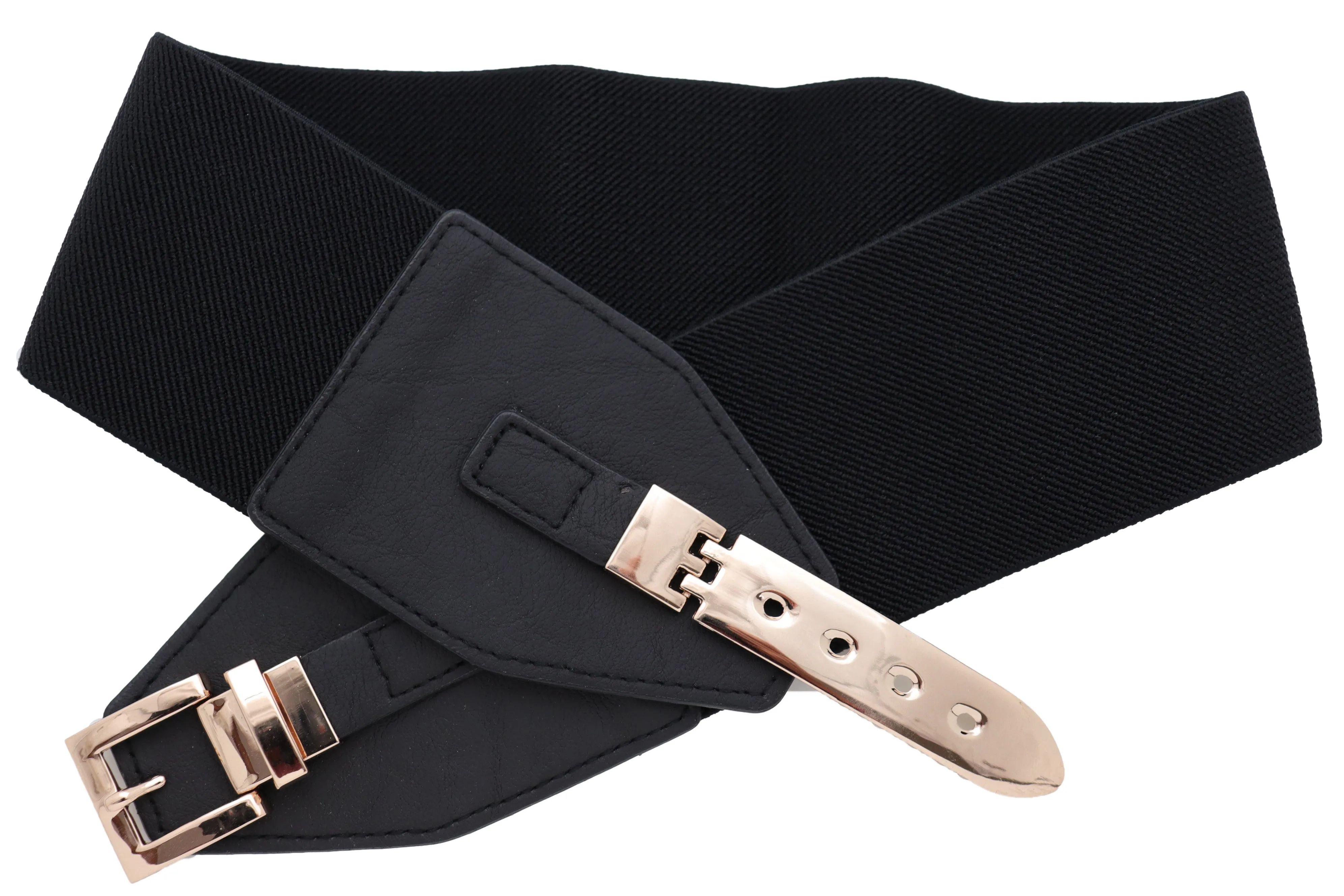 Faux Leather Wide Black Elastic Belt Bling Gold Metal Buckle Size S M