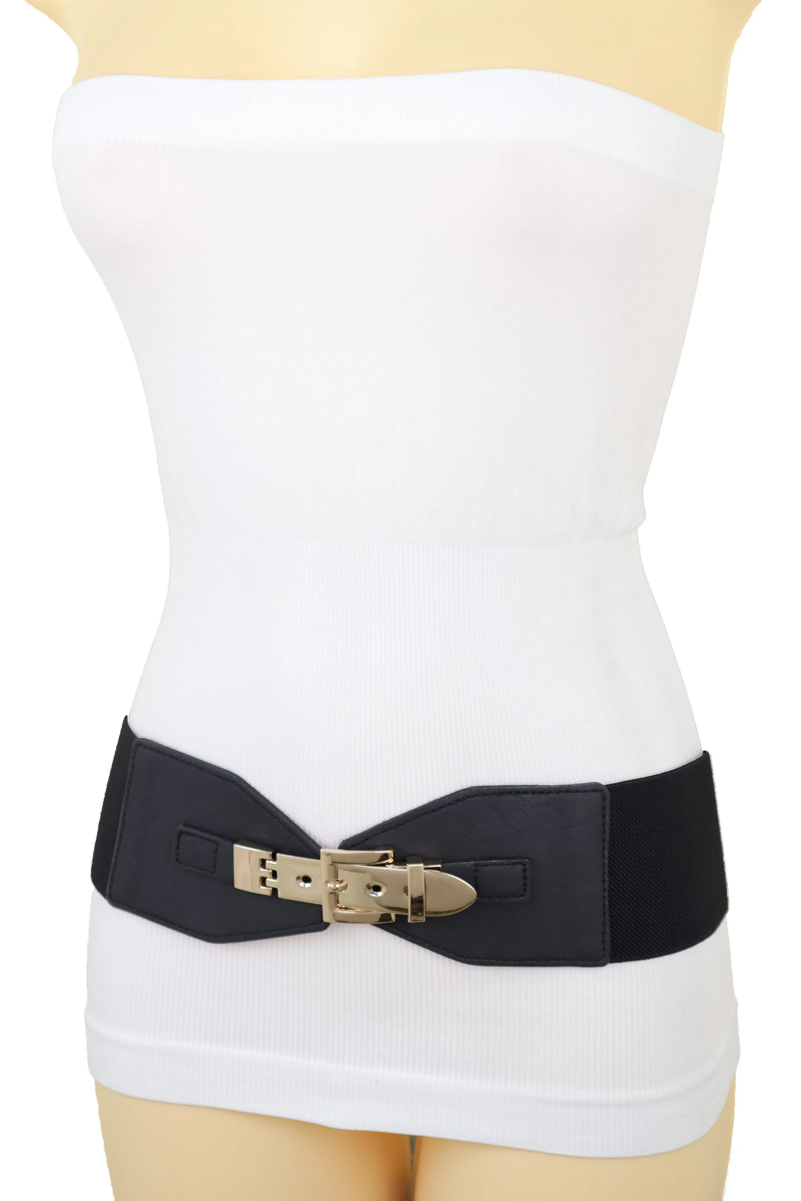 Faux Leather Wide Black Elastic Belt Bling Gold Metal Buckle Size S M