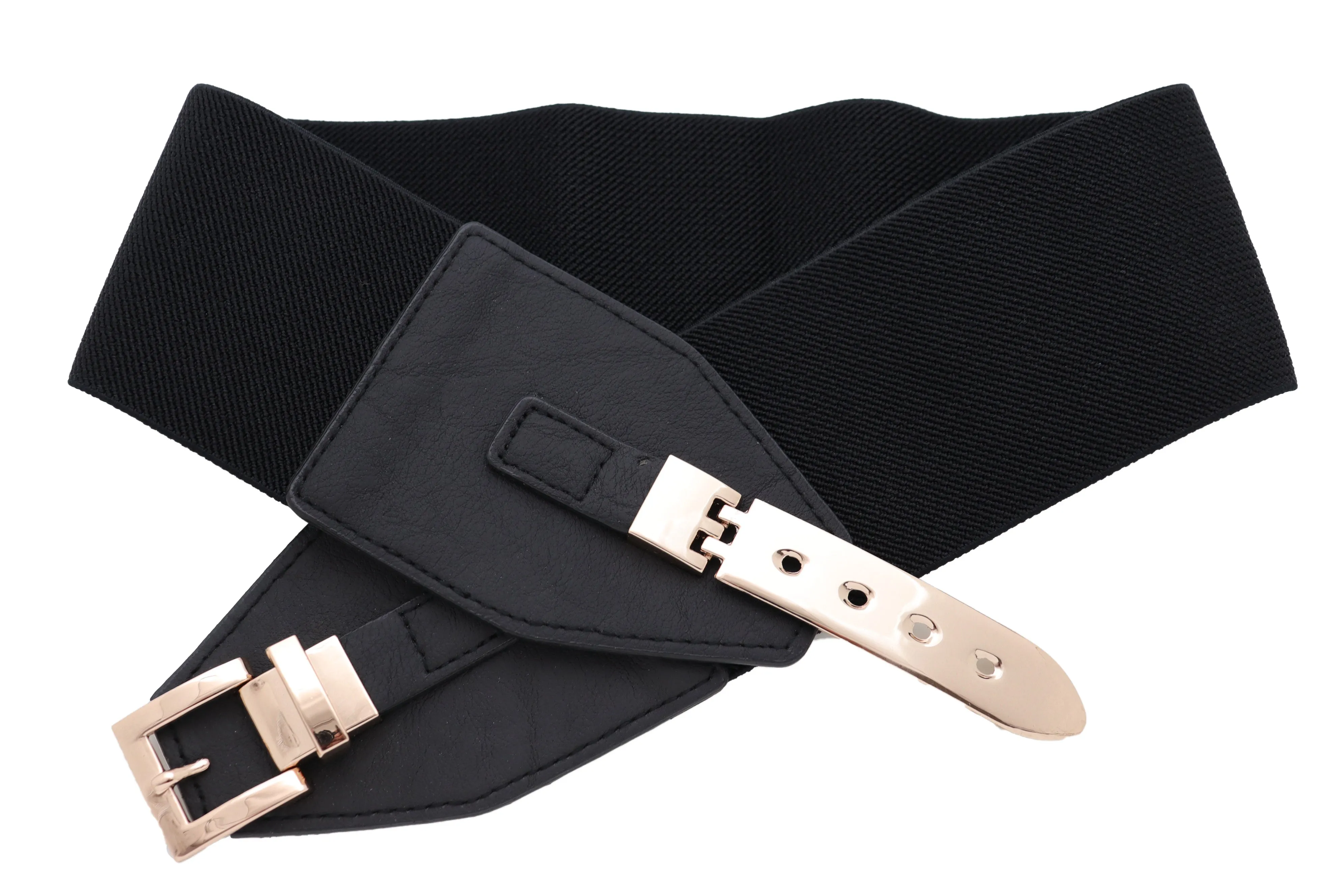 Faux Leather Wide Black Elastic Belt Bling Gold Metal Buckle Size S M