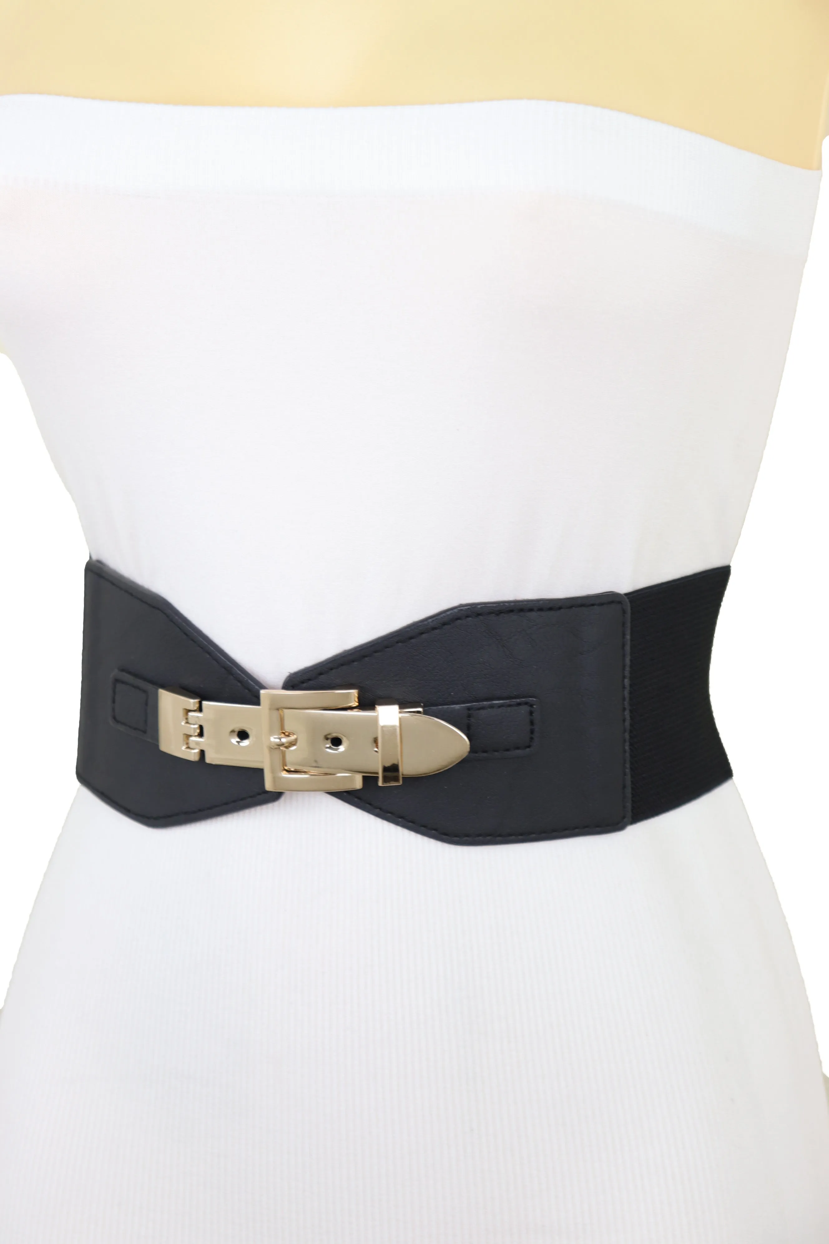 Faux Leather Wide Black Elastic Belt Bling Gold Metal Buckle Size S M