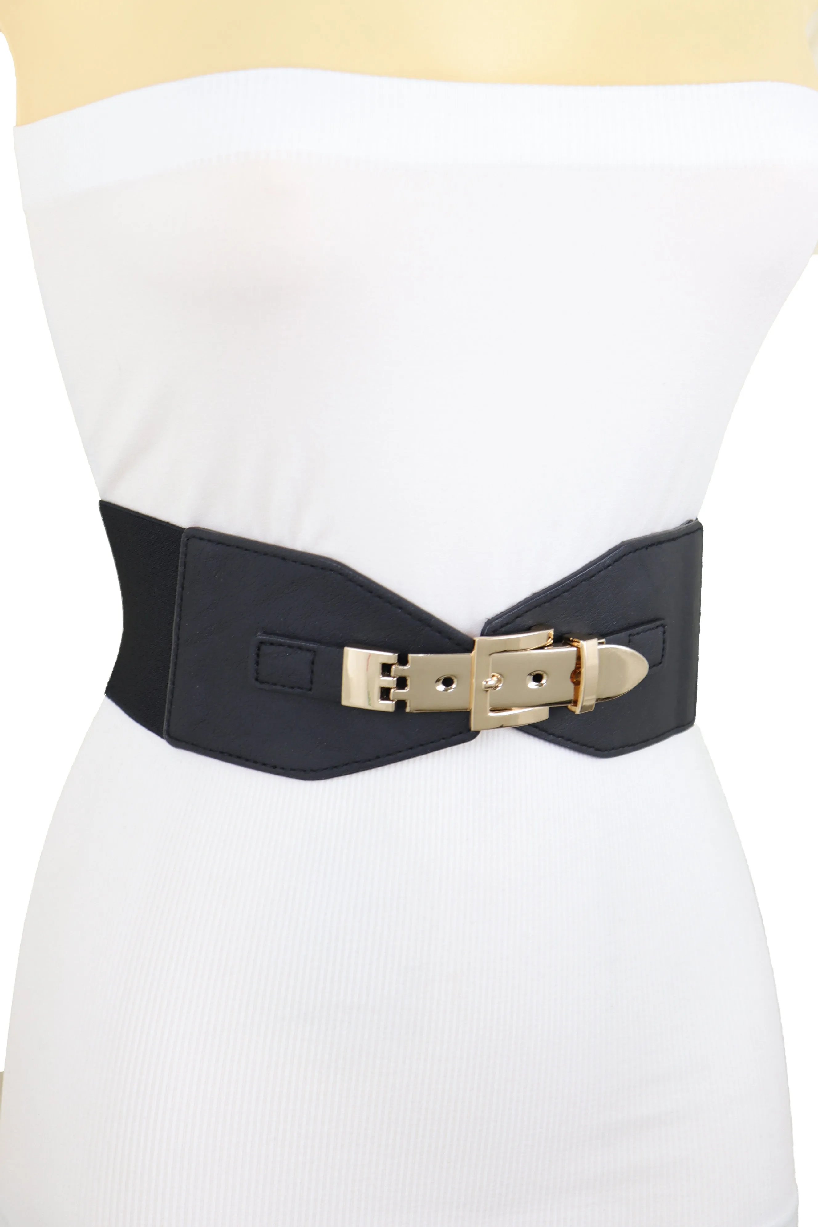 Faux Leather Wide Black Elastic Belt Bling Gold Metal Buckle Size S M