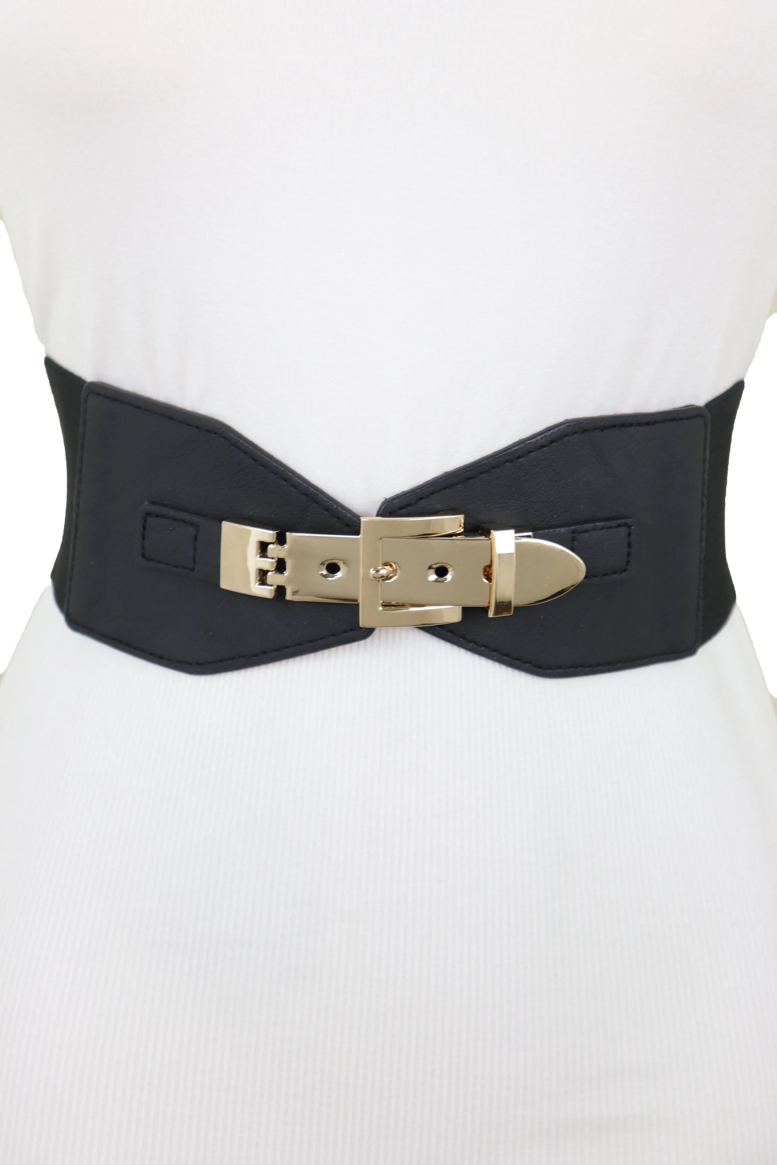 Faux Leather Wide Black Elastic Belt Bling Gold Metal Buckle Size S M
