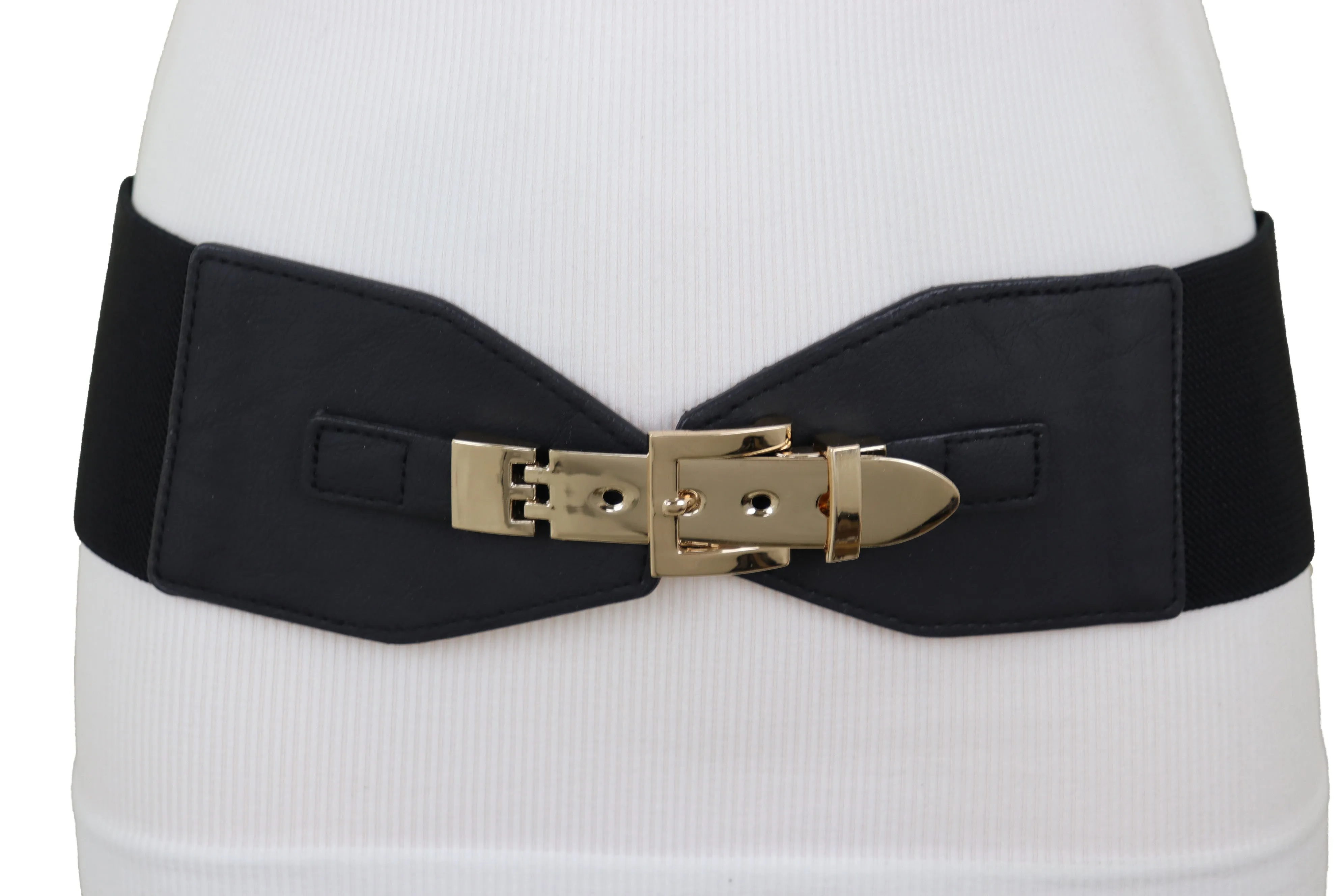 Faux Leather Wide Black Elastic Belt Bling Gold Metal Buckle Size S M