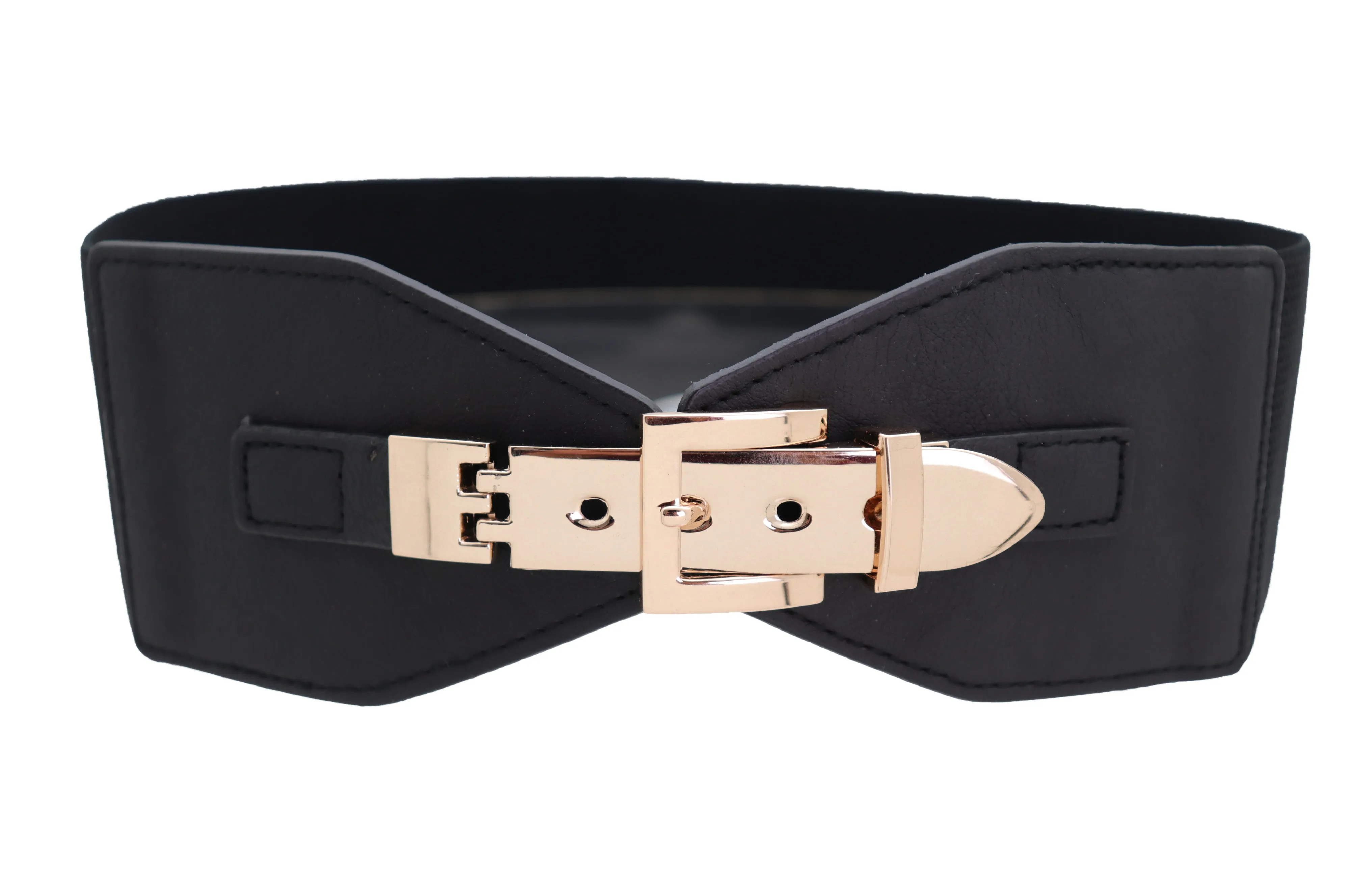 Faux Leather Wide Black Elastic Belt Bling Gold Metal Buckle Size S M