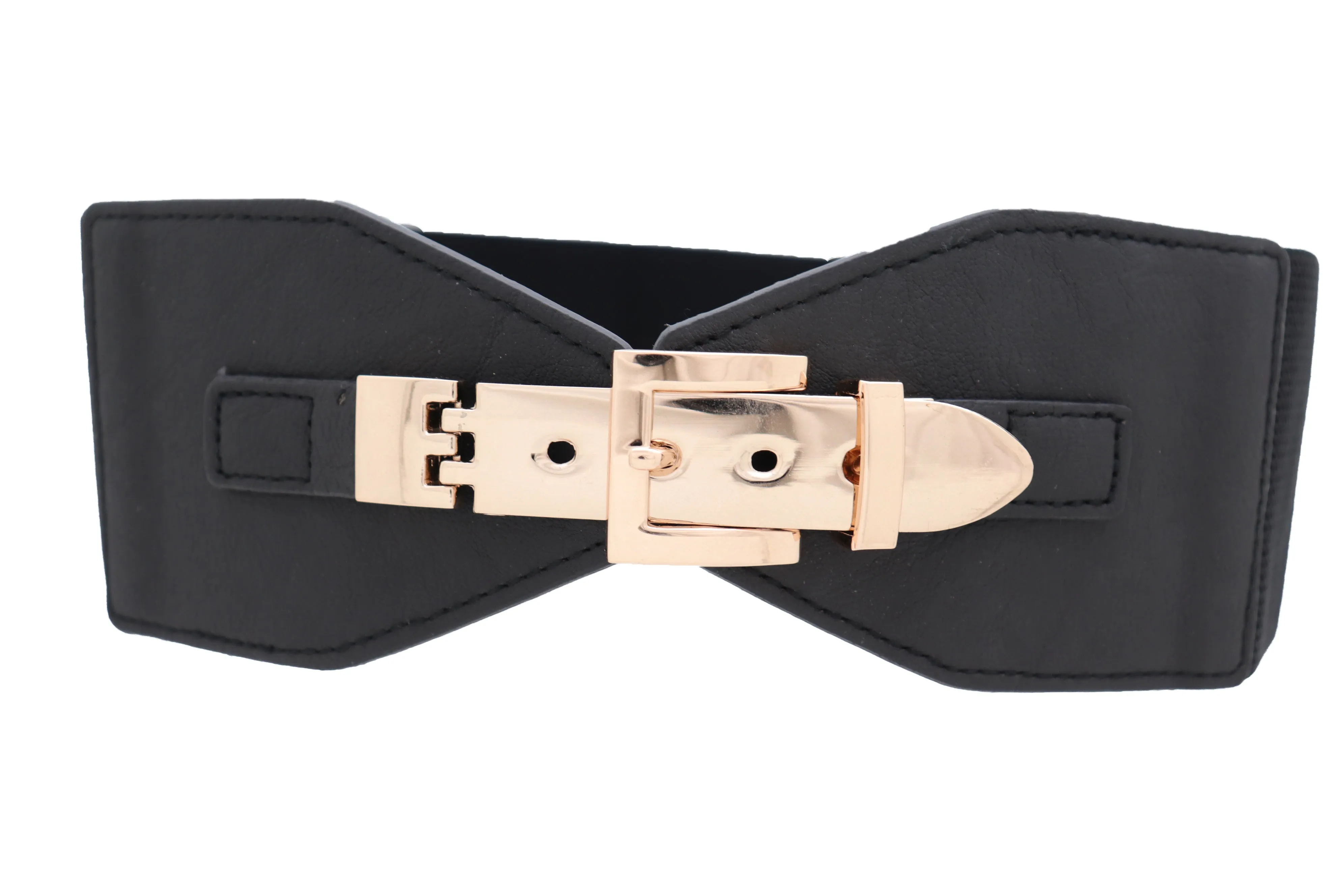 Faux Leather Wide Black Elastic Belt Bling Gold Metal Buckle Size S M