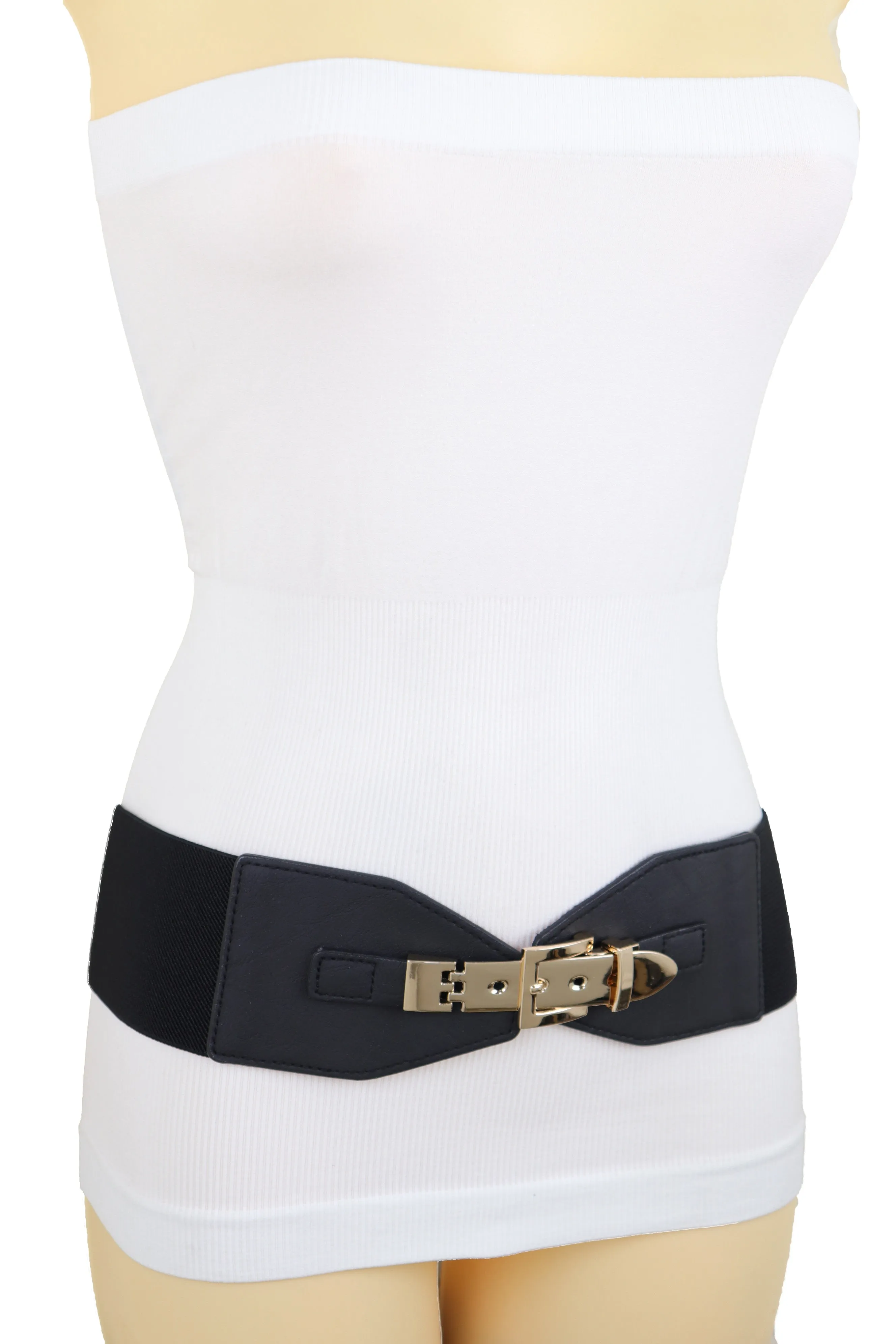 Faux Leather Wide Black Elastic Belt Bling Gold Metal Buckle Size S M