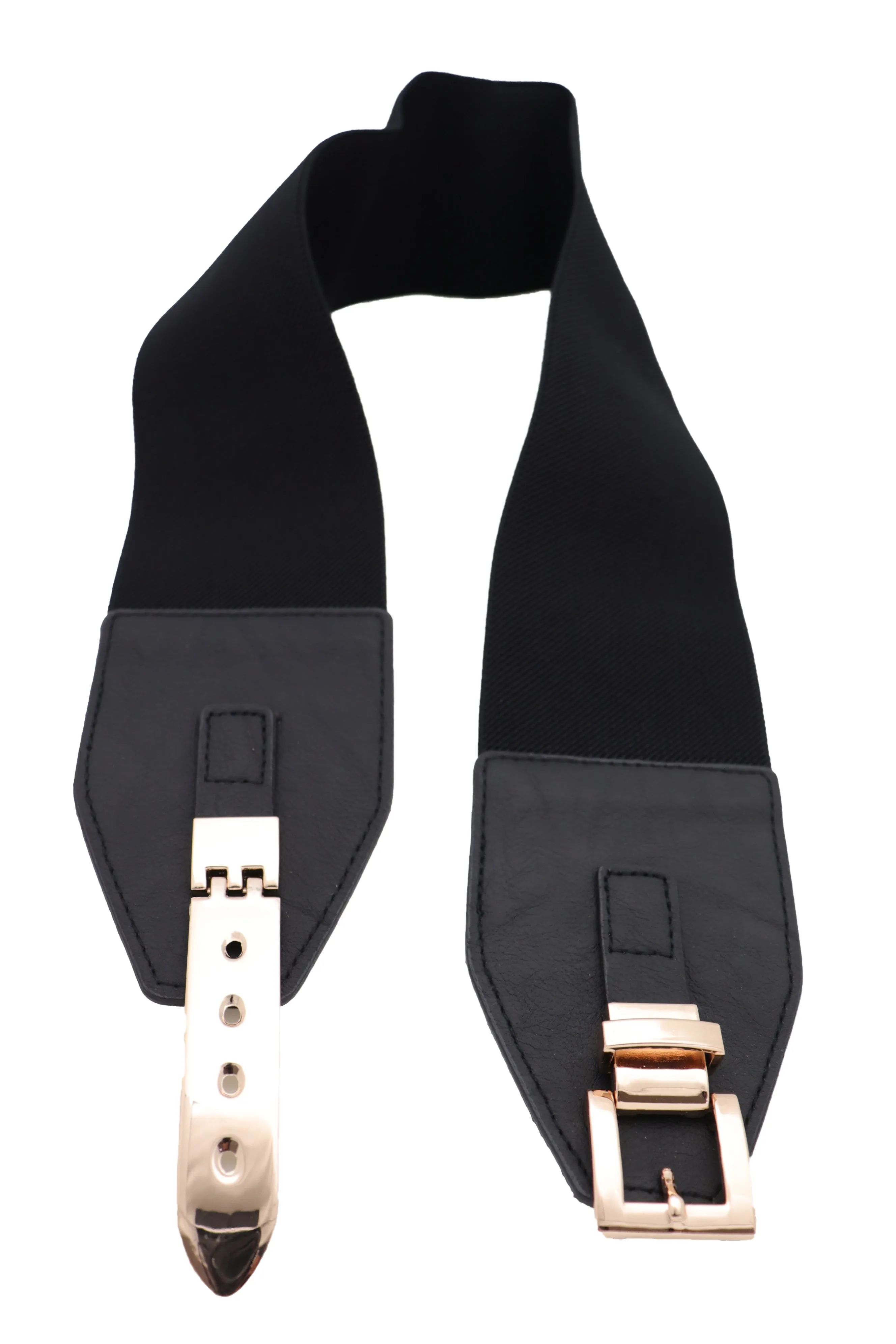 Faux Leather Wide Black Elastic Belt Bling Gold Metal Buckle Size S M