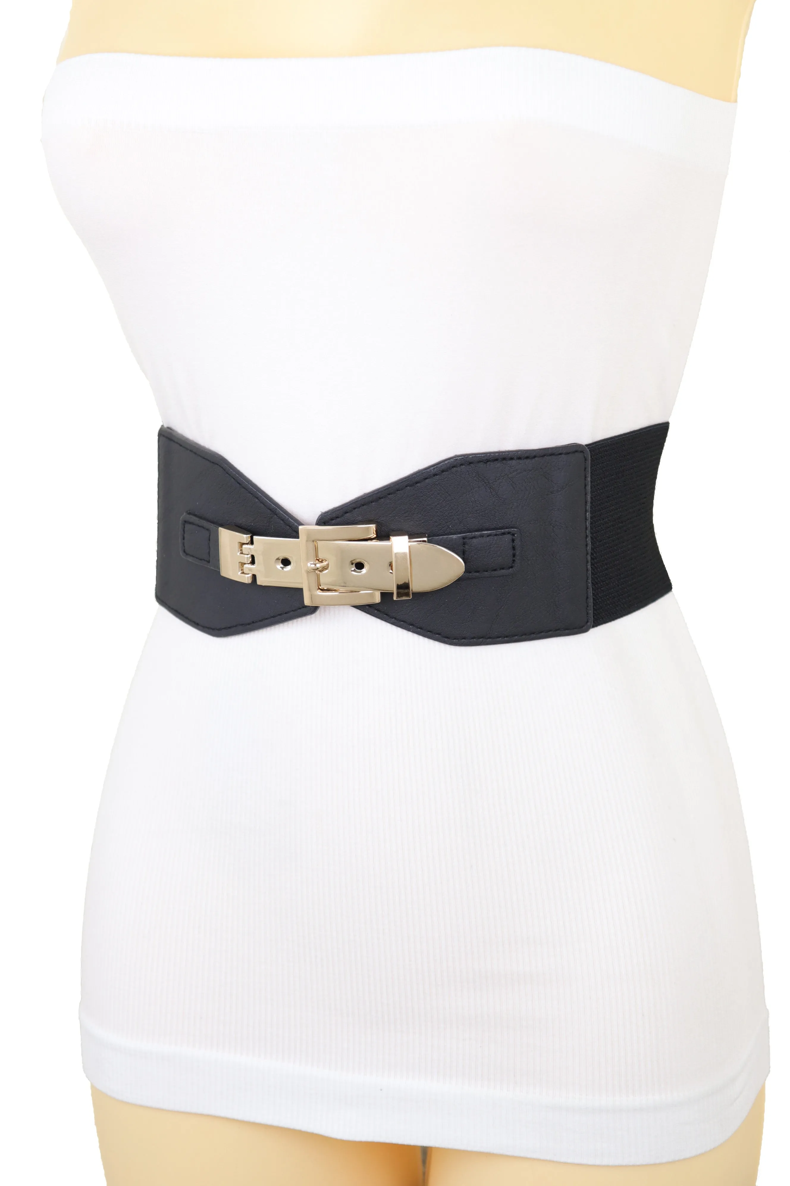 Faux Leather Wide Black Elastic Belt Bling Gold Metal Buckle Size S M
