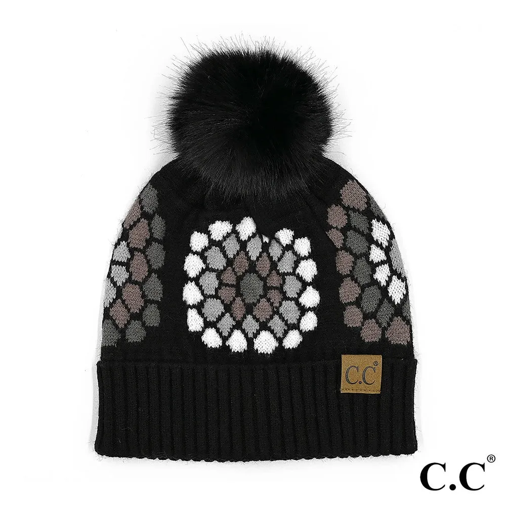 Flower Crochet Pattern Jacquard Beanie With Pom