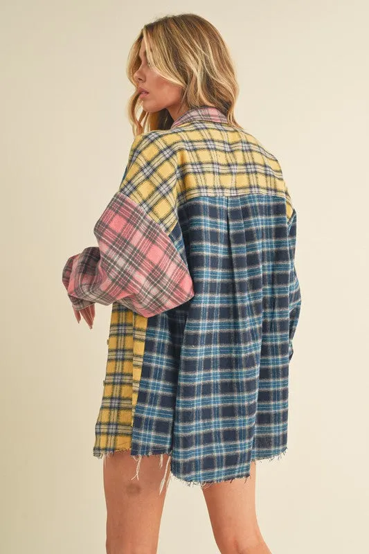Frayed Hem Color Block Plaid Drop Shoulder Shirt