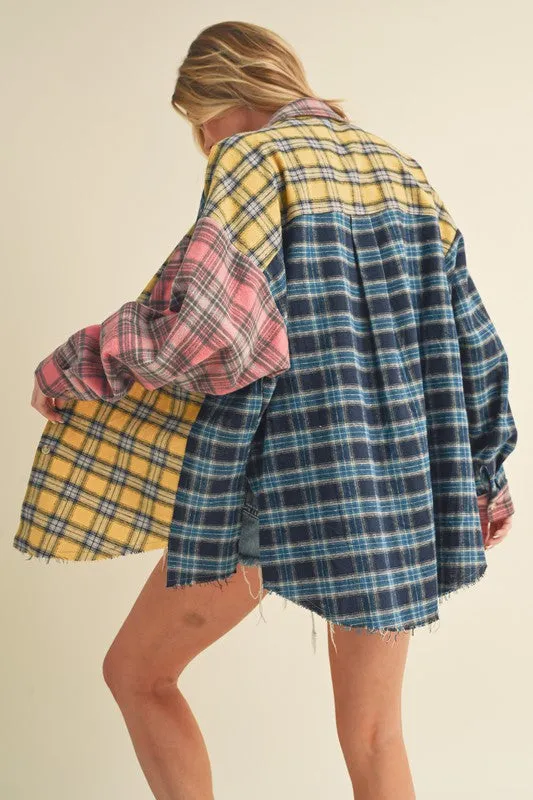 Frayed Hem Color Block Plaid Drop Shoulder Shirt