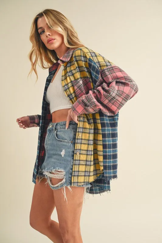 Frayed Hem Color Block Plaid Drop Shoulder Shirt