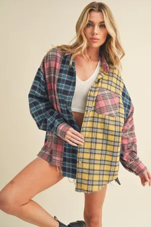 Frayed Hem Color Block Plaid Drop Shoulder Shirt