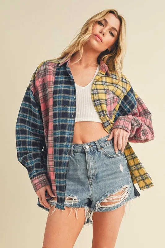 Frayed Hem Color Block Plaid Drop Shoulder Shirt