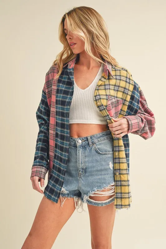 Frayed Hem Color Block Plaid Drop Shoulder Shirt