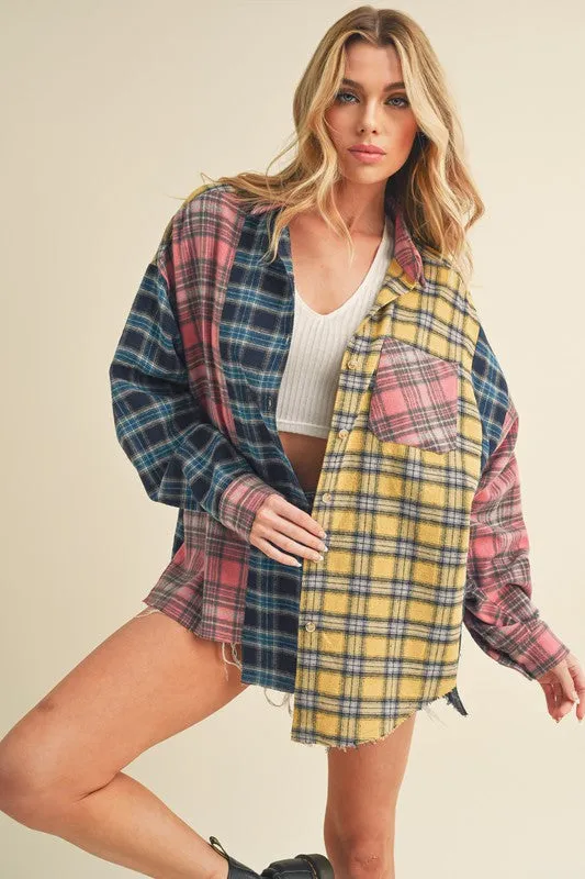 Frayed Hem Color Block Plaid Drop Shoulder Shirt