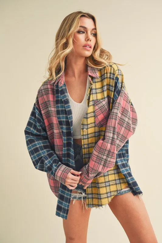 Frayed Hem Color Block Plaid Drop Shoulder Shirt
