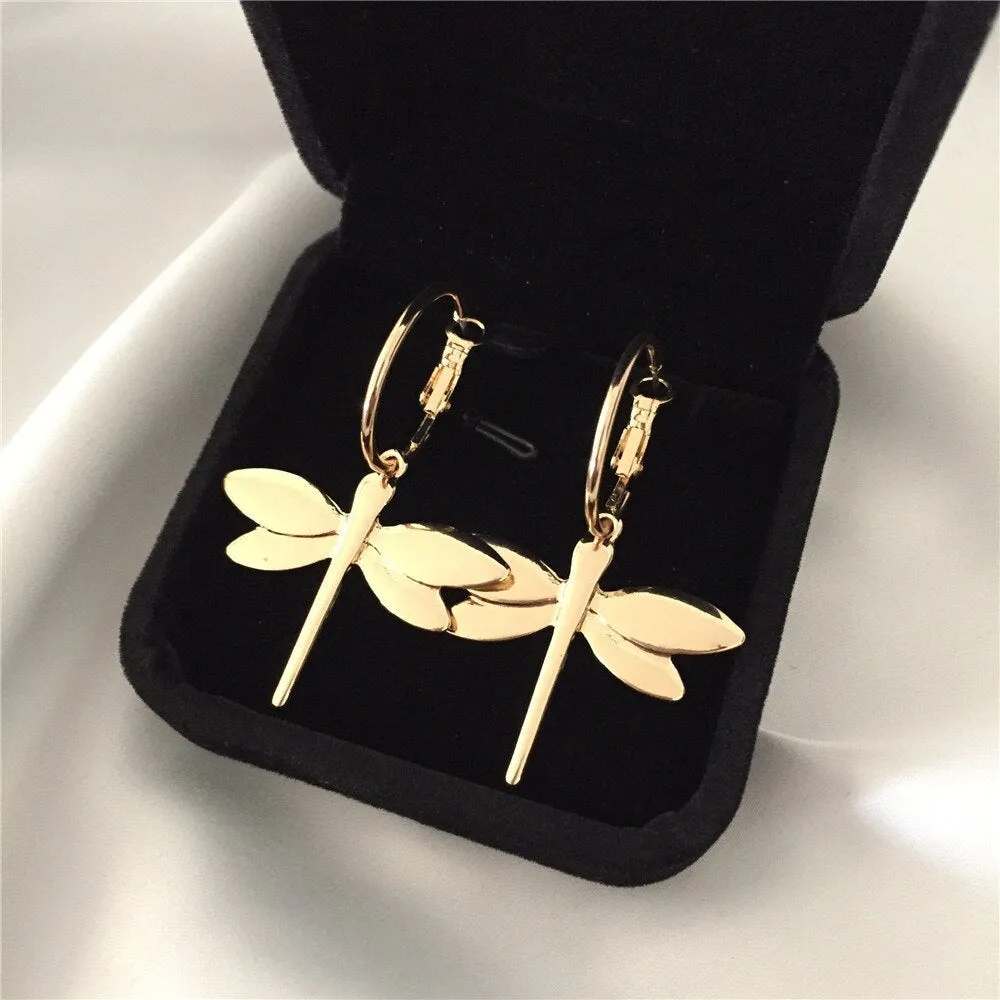 Gold Dragonfly Pendant Dangle Earrings for Women Girl Casual Jewelry