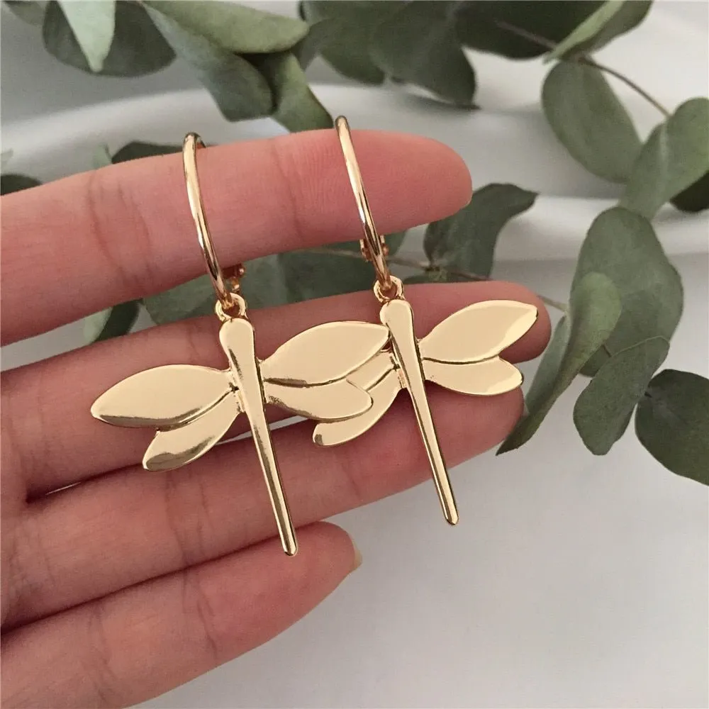 Gold Dragonfly Pendant Dangle Earrings for Women Girl Casual Jewelry