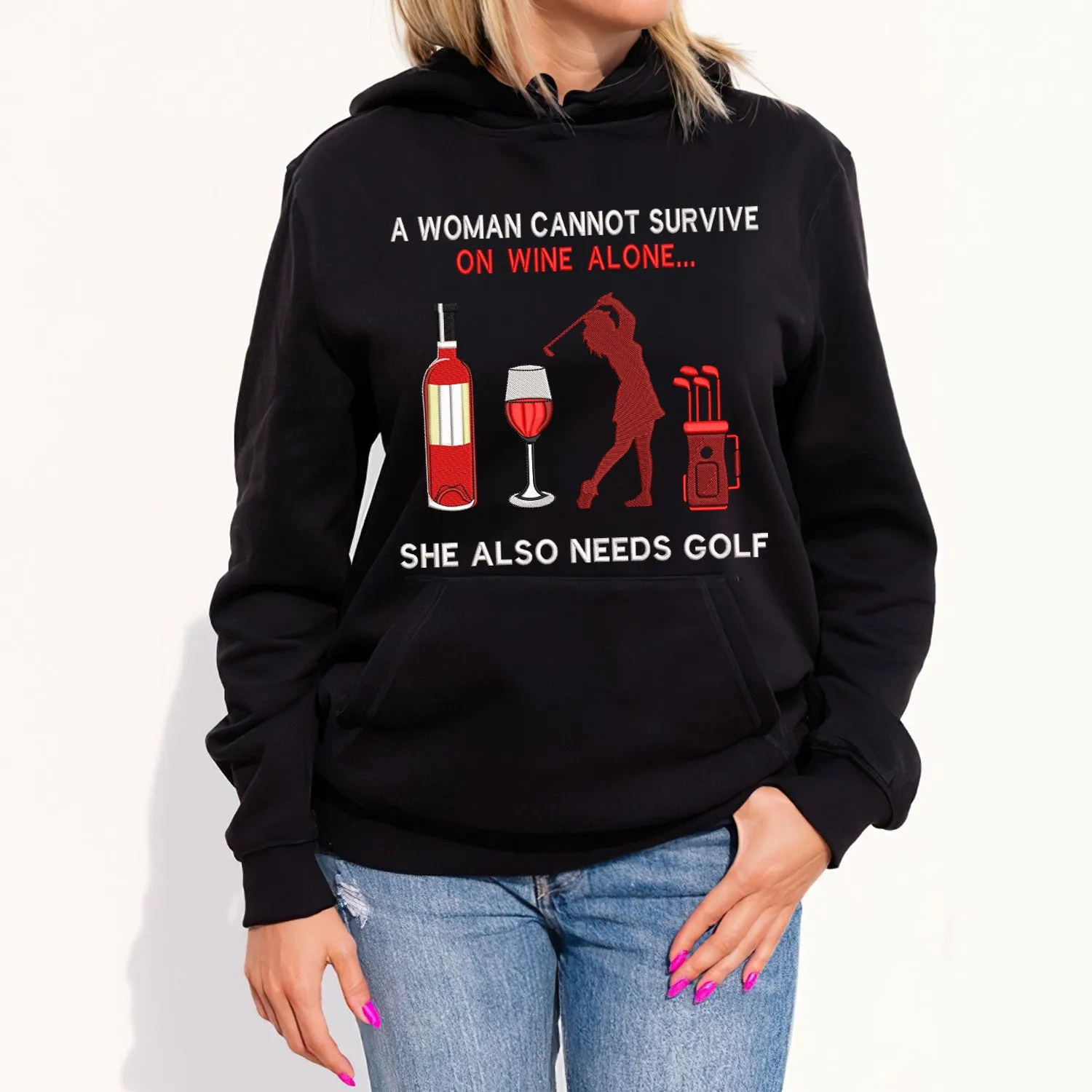 Golf And Wine Embroidered Sweatshirt - Embroidered Hoodie Tad