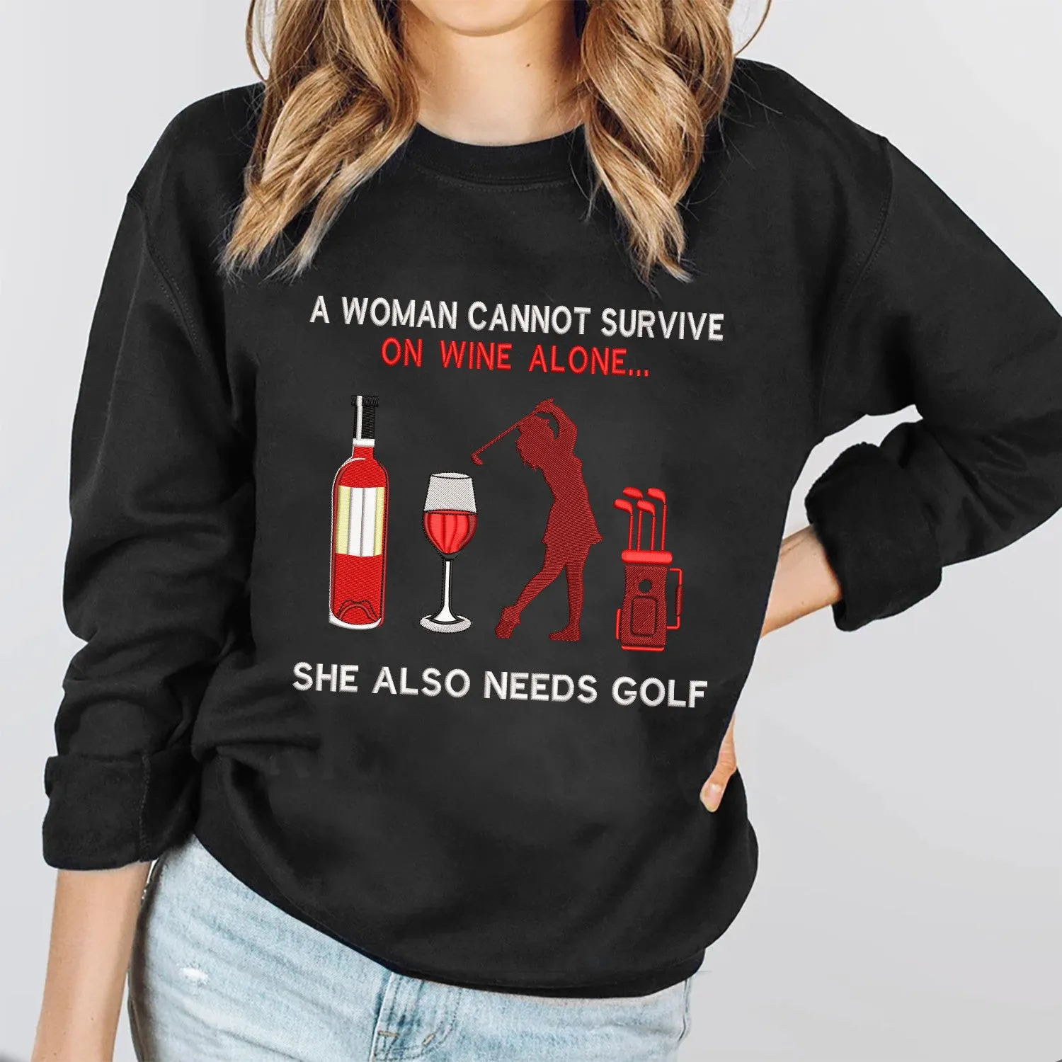 Golf And Wine Embroidered Sweatshirt - Embroidered Hoodie Tad