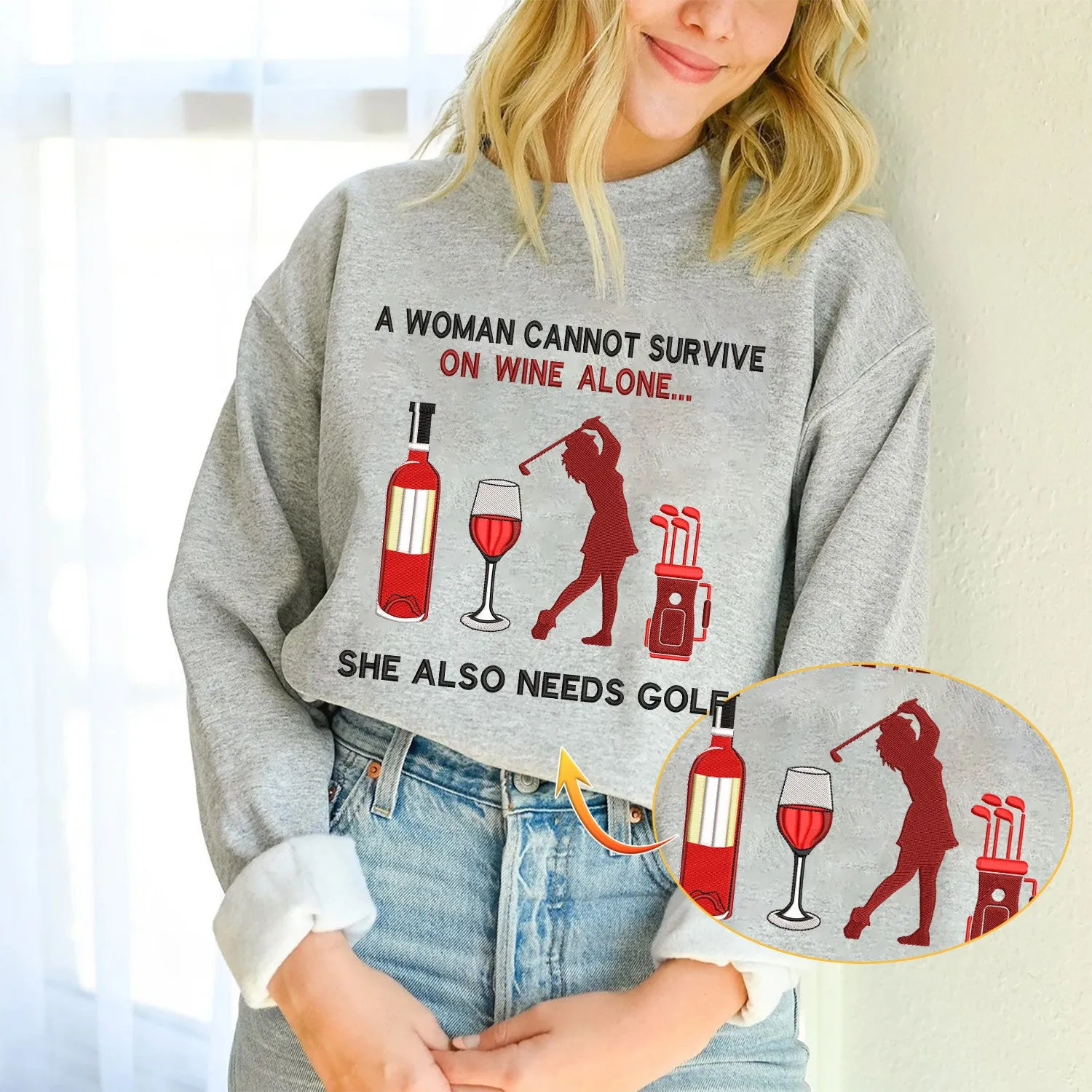 Golf And Wine Embroidered Sweatshirt - Embroidered Hoodie Tad