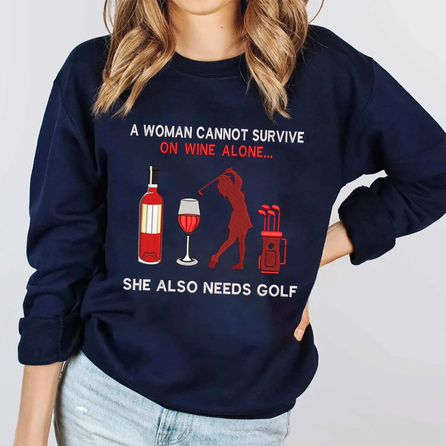 Golf And Wine Embroidered Sweatshirt - Embroidered Hoodie Tad